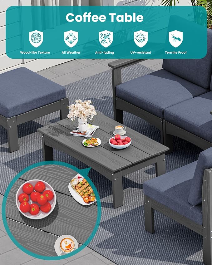 SERWALL HDPE Patio Sofa Set, 3 Pieces Conversation Set, All-Weather Outdoor Couch Sectional Sofas, Patio Furniture Set with Coffee Table for Balcony, Garden, Poolside, Grey Frame with Grey Cushion