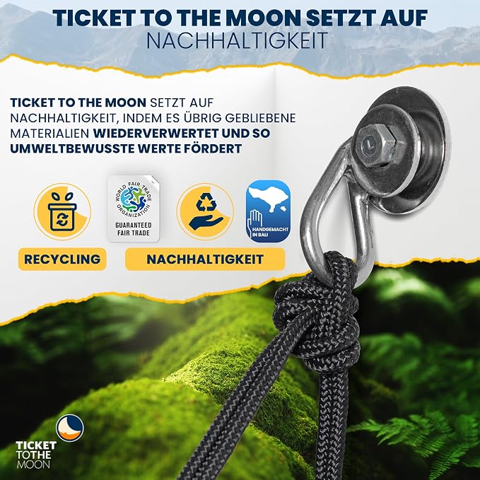 Ticket to the Moon Hammock Hanging Suspension Accessories - Quality Tested, Fair Trade, Handmade & Durable: Nautical Ropes, Straps Webbing, Carabiners, Ridgeline (Organizer), Hanger for Concrete Walls
