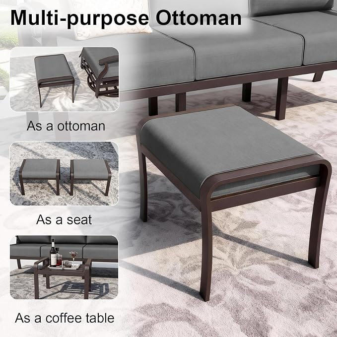 ALAULM Aluminum Patio Furniture Set with Coffee Table Rectangular, 5-seat Outdoor Sectional Furniture w/2 Swivel Chairs, Patio Conversation Set for Porch, Backyard, Poolside-Grey