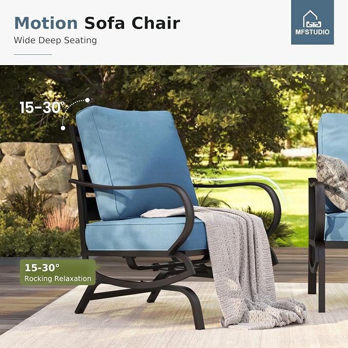 MFSTUDIO 4 Piece Patio Conversation Sets, All Weather Metal Frame Outdoor Furniture Set Patio Sofas with 1 x 45 Rectangular Fire Pit Table, 1 x 3-Seat Sofa, 2 x Rocking Chairs, Navy Cushion