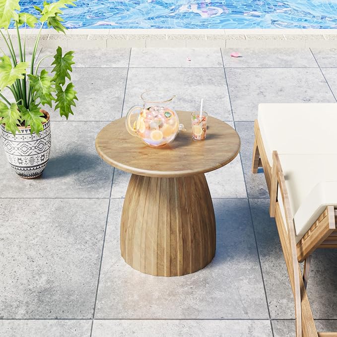 Metal Small Patio Table, Round Outdoor Side Table, Wood Color Outdoor Accent Patio End Table, for Garden, Pool, Deck, Balcony, Yard, Living Room, Weather Resistant, No Assembly