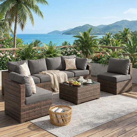Grezone Patio Furniture Set 7 Piece Outdoor Wicker Sectional Sofa - All Weather High Backrest PE Rattan Couch Conversation Set with Cushion & Glass Top Table for Backyard Deck Porch, (Grey)