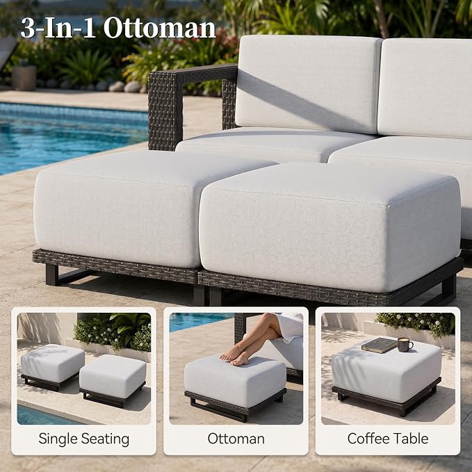 LazySunsets Patio Furniture Set, 6 Pieces Wicker Outdoor Sectional Sofa with 10'' Ultra-Thick Cushions & Ottomans, All-Weather Rattan Conversation Set for Backyard Poolside, Brown/Light Gray