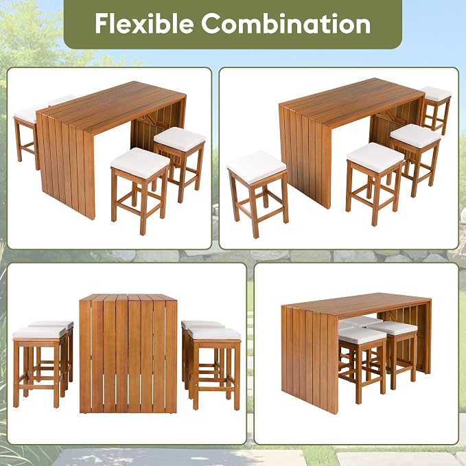 5 Piece Outdoor Bar Set, Patio Acacia Wood Bar Height Table & Four Stools with Cushions for Backyard, Poolside, Balcony (Beige+Natural)