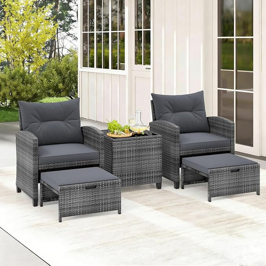 COSTWAY 5-Piece Rattan Conversation Set, Outdoor Wicker Sofa, Tempered Glass Coffee Table & Ottomans for Small Space, Boho Chic Indoor/Outdoor Furniture Set for Poolside, Backyard, Deck (Grey)