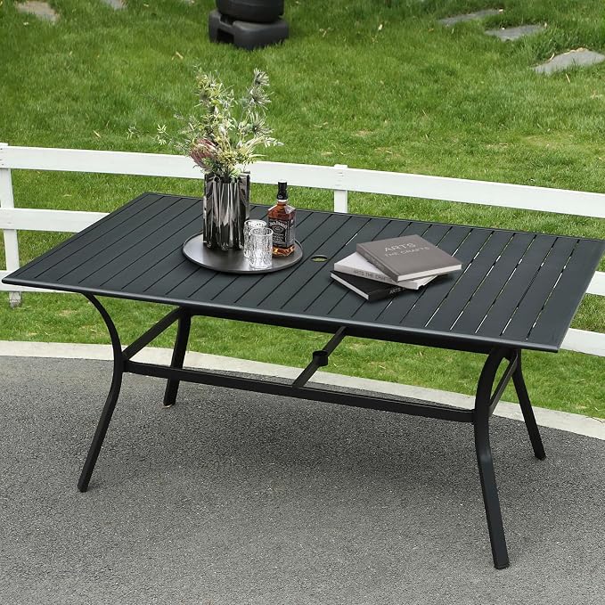 Patio Dining Table, 63" Metal Patio Tables with 2.36'' Umbrella Hole, Outdoor Patio Table for Backyard, Garden, Black (63” Rectangle Dining Table)