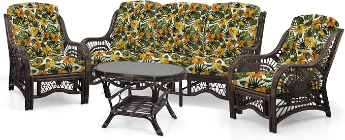 Malibu Lounge Set of 4: 2 Natural Rattan Wicker Chairs, Three-Seater Sofa with Cushions and Coffee Table with Glass Handmade, Dark Brown Color
