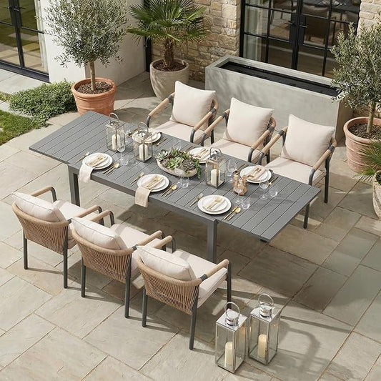 SUNSITT 7 Piece Outdoor Patio Dining Set, 63" - 105" Aluminum Expandable Outdoor Dining Table and 6 Woven Wicker Patio Chairs w/Curved Backrest for Garden, Dark Grey