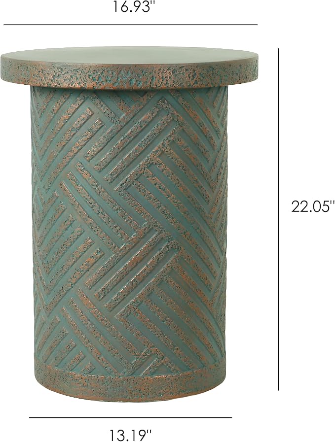 16.93" Cement End Tables for Patio,Green | Faux Terrazzo Modern Small Round Side Accent Table,Tree Stump Garden Stool Drum Indoor and Outdoor