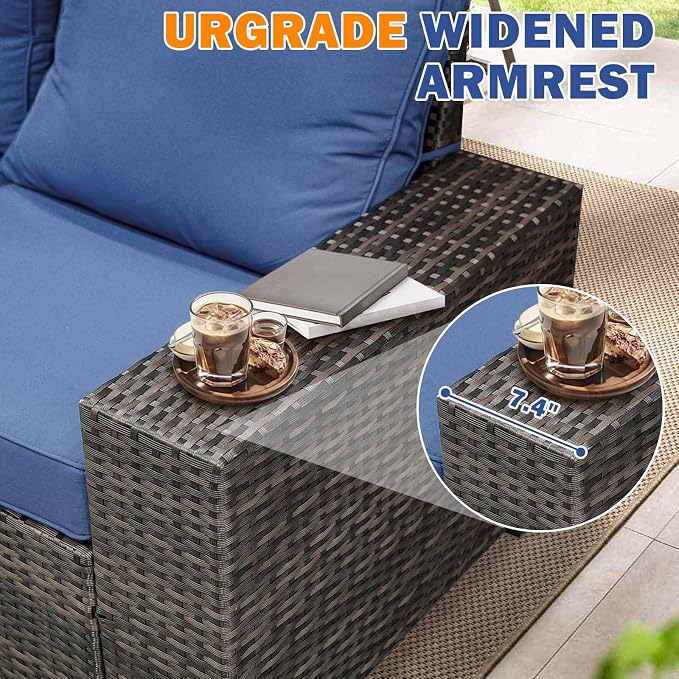 7-Piece Outdoor Patio Furniture Set, Modular Wicker Sectional Sofa with Thick Cushions & Coffee Table, All-Weather Rattan Conversation Set for Backyard, Porch, Poolside, Navy