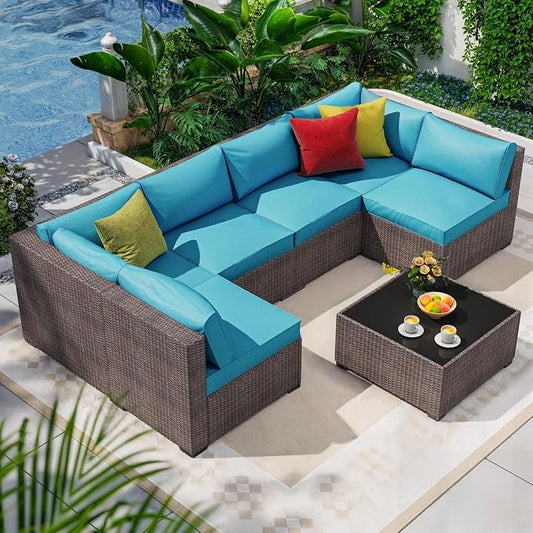 7 Piece Outdoor Patio Furniture Set with Modular Rattan Wicker Sectional Sofa Couch, Water Washable Thick Cushions, Modern Outdoor Conversation Set with Coffee Table for Garden(Blue)
