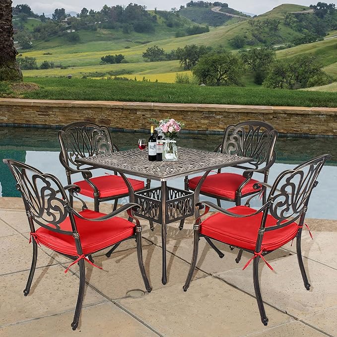 TITIMO 5-Piece Outdoor Patio Dining Set, Cast Aluminum Patio Furniture Set | 4 Pattern Chairs with Red Cushions and 35.4" Square Table, Cast Aluminum Conversation Set for Yard, Garden, Porch, Poolside