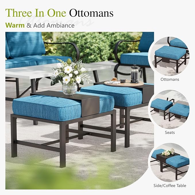 Sophia & William Patio Furniture Sets for 5 Outdoor Metal Conversation Sets 5 Pcs with 2 x Cushioned Swivel Sofa Chairs, 2 x Ottomans as Coffee Table, 1 x 3-Seat Sofa, Backyard Poolside Peacock Blue