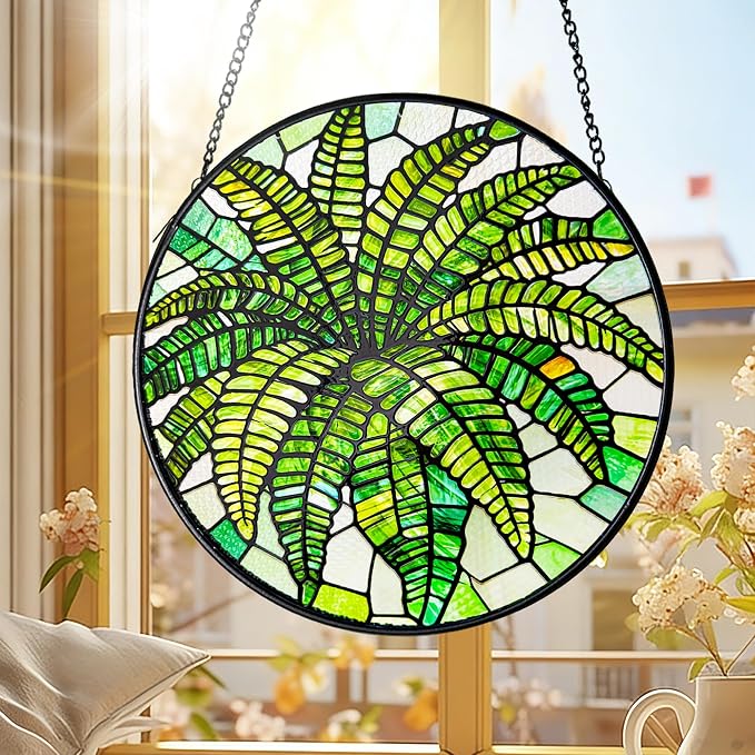 Plant Suncatcher Glass, Stained Glass Suncatcher Plant Window Hanging, Unique Nature Lover Gifts Leaf (Green Fern)