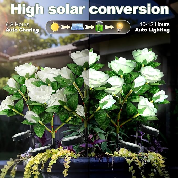 Anordsem Solar Garden Lights Outdoor: Waterproof Fabric Roses - Red LED Flower Decorations for Yard Patio Path Cemetery Grave - Birthday Gifts for Women Mom Wife - 6 Pack White