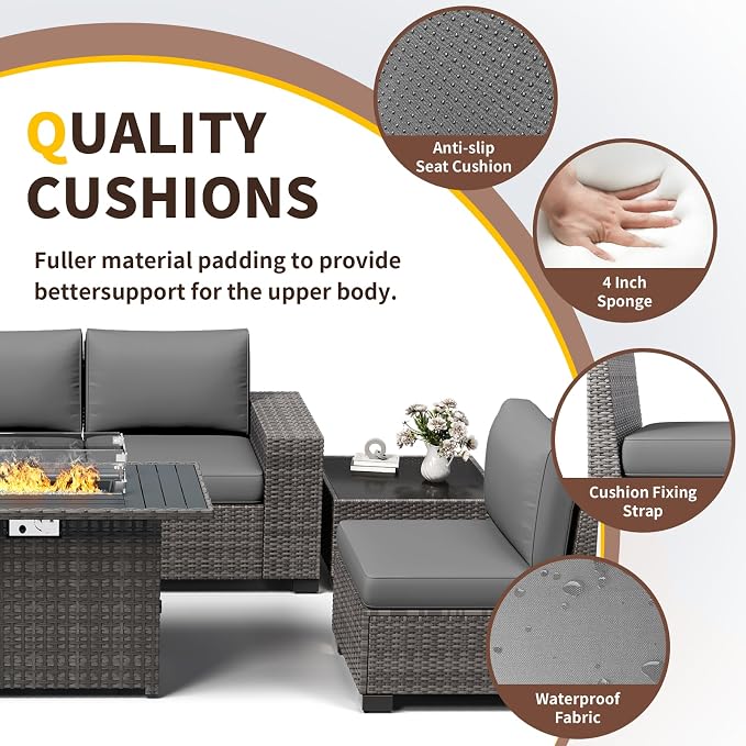 Patio Furniture with Fire Pit Table,8‘’ Wide armrest Outdoor Sectional Rattan Sofa Set, Wicker Patio Furniture Sets w/Coffee Table,Thick Cushions and Cover for Porch, Balcony, 7PC (Grey&Grey)