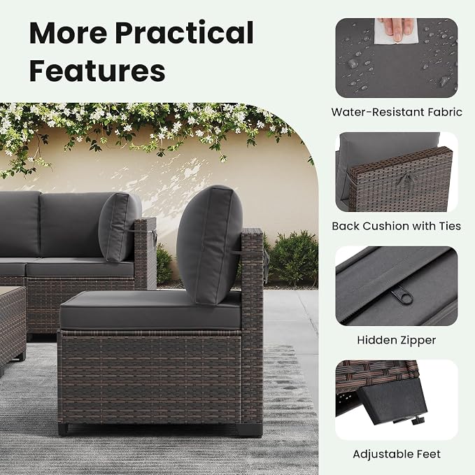 Soohow 8 Piece Patio Furniture Set with 44" Fire Pit Table, Outdoor Sectional Wicker Rattan Conversation Set for Garden, Porch, Backyard - Grey Cushions