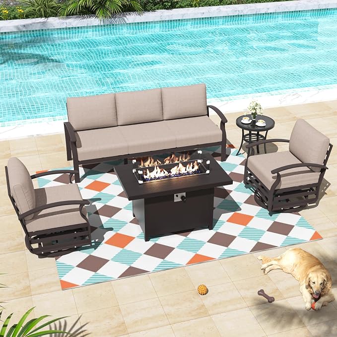 ALAULM Aluminum Patio Furniture Set with Propane Fire Pit Table 5-seat Metal Outdoor Furniture w/Fire Pit Patio Sectional Sofas w/5.1" Cushions for Patio, Backyard, Poolside-Sand