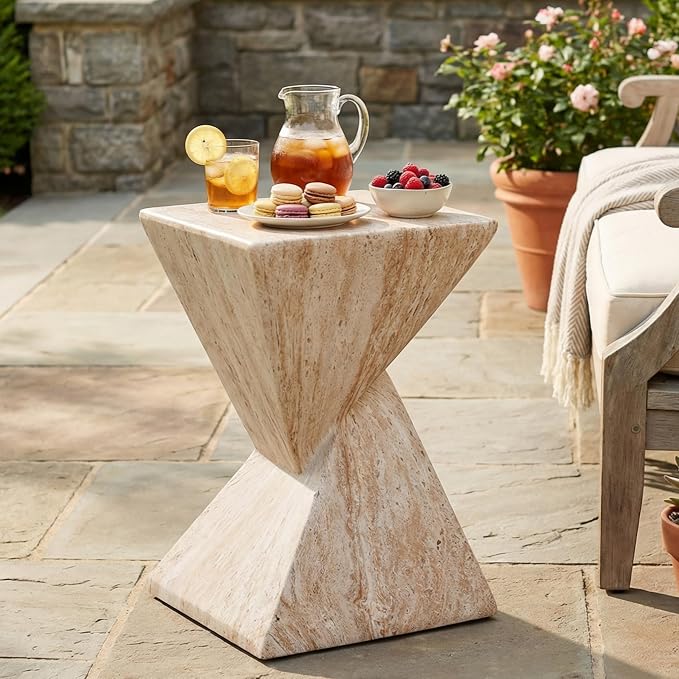 Christopher Knight Home 18.5 Inch Modern Outdoor Faux Concrete Side Table, Patio End Table with Sculptural Fluted Geometric Design, Accent Table for Garden Balcony Poolside