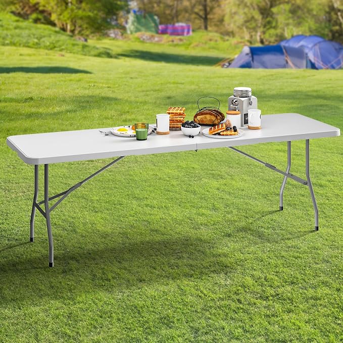 YITAHOME 8FT Folding Tables, Heavy Duty White Folding Table with Carrying Handle, Plastic Fold up Table for Outdoor Camping Picnic Parties/Indoor Events, White