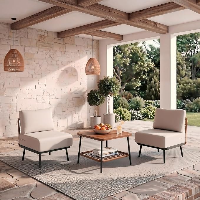 3-Piece Patio Conversation Set, Outdoor Sectional Sofa Wicker Furniture with Thick Cushions & Wood Grain Coffee Table, Small Patio Furniture for Balcony Porch