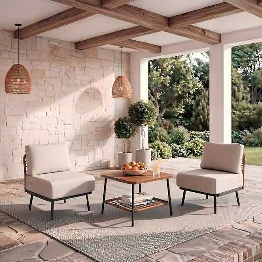 3-Piece Patio Conversation Set, Outdoor Sectional Sofa Wicker Furniture with Thick Cushions & Wood Grain Coffee Table, Small Patio Furniture for Balcony Porch