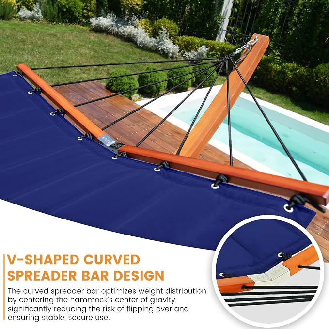 Lazy Daze Hammocks 12FT Quilted Double Hammock with V-Spreader Bar, 2 Person Portable Hammock with Nylon Rope, Side Pocket and Pillow, 450lbs Capacity, Includes Carry Bag for Outside, Navy Blue