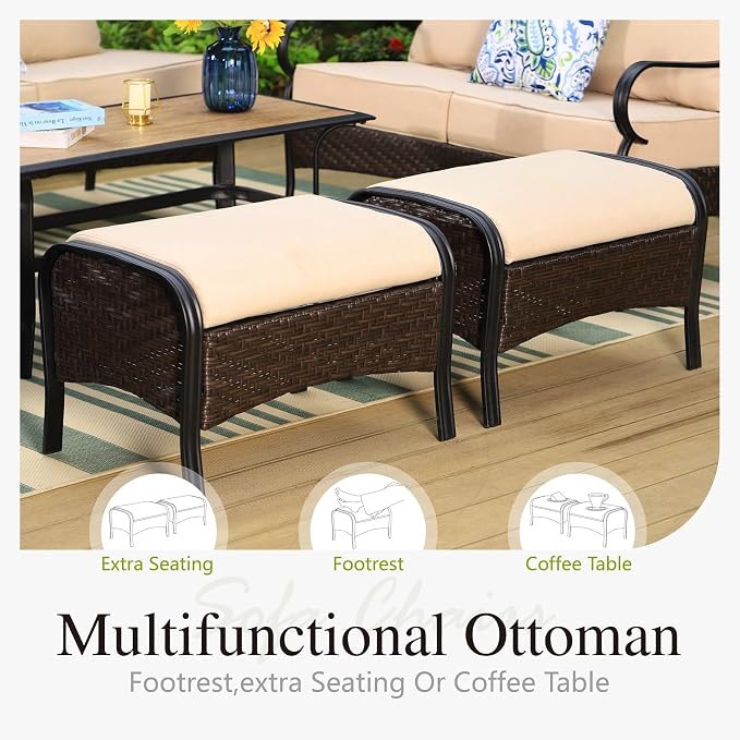 Sophia & William Patio Furniture Set, Metal Outdoor Conversation Set 7 Seats with 3-Seater Sofa, 2 Sofa Chairs, 2 Ottoman,1 Coffee Table for Lawn Porch Backyard,Beige