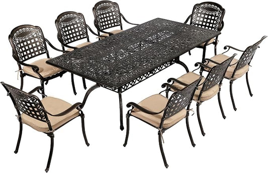 TITIMO 9-Piece Cast Aluminum Patio Furniture Set, Outdoor Patio Dining Set Bistro Conversation Set, Rectangular Dining Table Set w/Cushions Umbrella Hole (Khaki-Fixed Grid Chair, 9 Pcs)