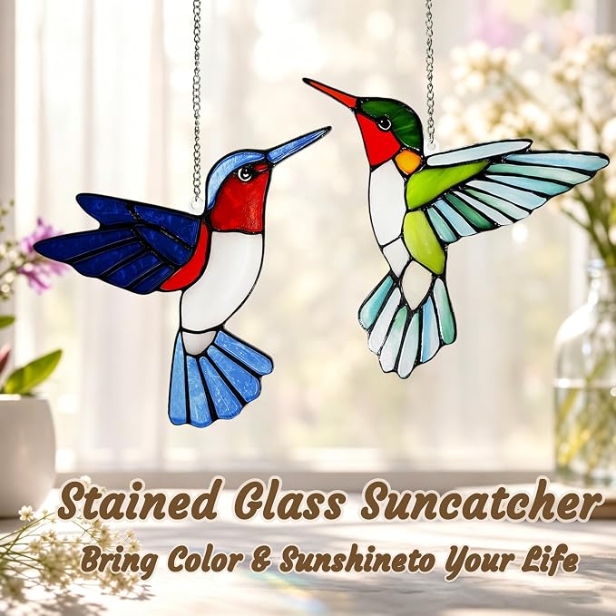 Hummingbirds Suncatcher Stained Glass, Hummingbird Suncatcher Ornament, Hummingbird Suncatcher for Grandma/Mom/Women (Blue)