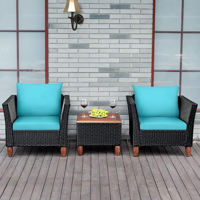 Tangkula 3 Piece Patio Furniture Set, Patiojoy Outdoor Wicker Rattan Bistro Sofa Set w/Washable Cushion, Acacia Wood Top Coffee Table, Conversation Set w/Adjustable Feet for Balcony Backyard Porch