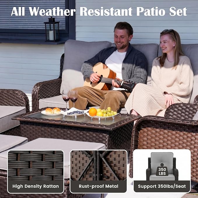 Sundale Outdoor Wicker Patio Furniture Set with Fire Pit, 6 Piece All Weather Outdoor Furniture Set with Swivel Chairs & Couch, High Back Patio Conversation Sets with 6" Cushions for Yard, Deck (Grey)