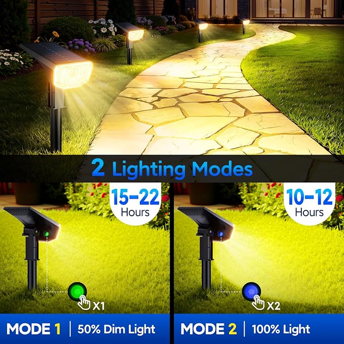 Solar Spot Lights Outdoor Waterproof IP65, 100 LED Solar Lights Outdoor | Super Bright Solar Spotlights 3000K&2 Lighting Modes , 2-in-1 Ground Spike & Wall Mount Solar Landscape Spotlights for Yard