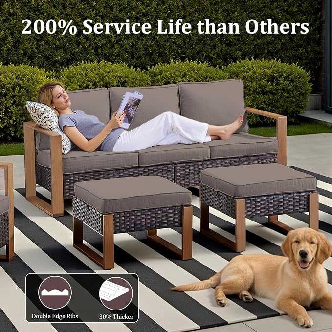 3 Pieces Patio Sofa Set with Metal Arm, High Back Wicker Sectional Outdoor Sofa with Ottomans, Outdoor Seating Furniture High Back Conversation Set for Balcony Deck Porch Backyard, Grey