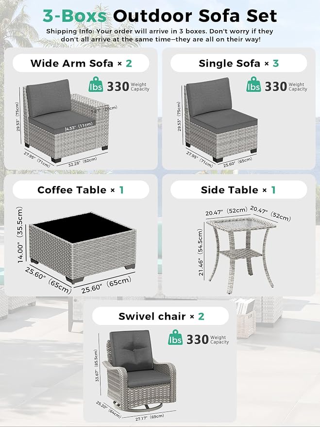 9 Piece Outdoor Patio Furniture Set with Swivel Chairs, 7-Seats Wicker Sectional Sofa Set with Thickened Cushions & Coffee Table for Garden, Backyard, Porch, Charcoal Gray