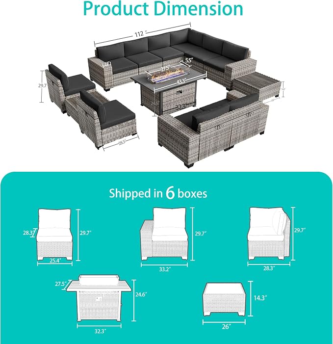 13-Piece Outdoor Patio Furniture Set with 55,000 BTU Fire Pit Table, PE Wicker Rattan Sectional Sofa Patio Conversation Set with Coffee Table, Dark Grey