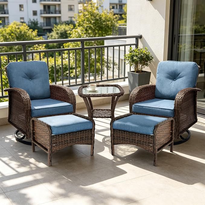 All Weather Patio Furniture Set, High Back Swivel Rocker Glider Chairs，Ottomans & Glass Tables, Outdoor Conversation Set for Deck Porch Yard Poolside (Blue, 5PCS-Swivle Chairs&Ottomans&Table)