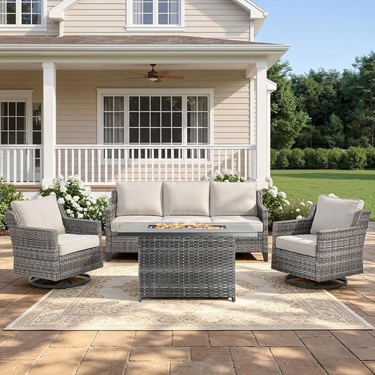 Belord Patio Furniture Set with Swivel Chair and 42.5" Fire Pit Table Sofa, Outdoor Furniture Set for Deck Porch Garden, 4 Piece Conversation Set,Beige