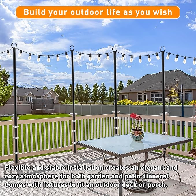 7 Pack 10 FT String Light Poles,Metal with Fork Lights Poles for Outdoor String Light, Rustproof Heavy Duty for Outside Garden,Patio,Wedding,Backyard,Deck,Party