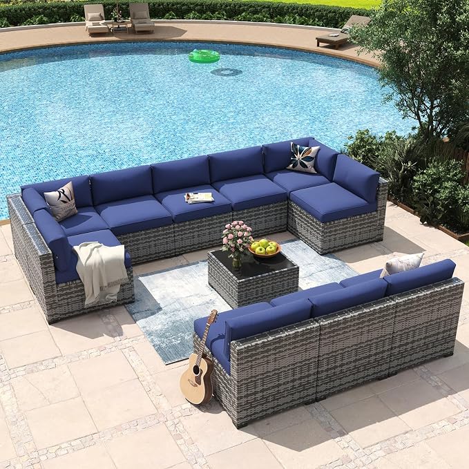 Aoxun 11 Piece Patio Furniture Set Wicker Rattan Patio Conversation Set Outdoor Sectional Sofa Set with Coffee Table and Thickened Cushions, Gray/Blue