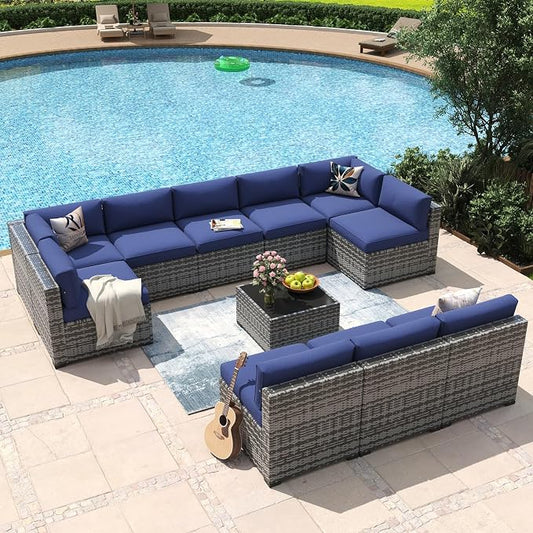 Aoxun 11 Piece Patio Furniture Set Wicker Rattan Patio Conversation Set Outdoor Sectional Sofa Set with Coffee Table and Thickened Cushions, Gray/Blue