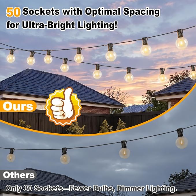 100ft 2-Pack Outdoor String Lights, G40 LED Globe Waterproof Patio Lights | 52 Shatterproof Edison Bulbs, Dimmable, Plug-In, Connectable, Commercial Hanging Lights for Porch Backyard Party Decor