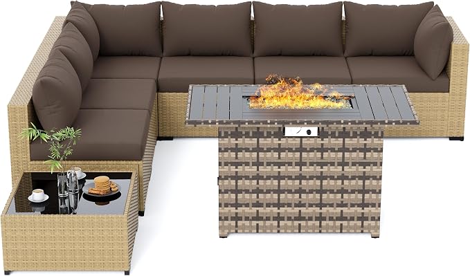 UDPATIO Furniture Set with Fire Pit Table, 8 Piece Sectional Sofas, All-Weather Wicker Conversation for Garden, Backyard, Yellow/Brown