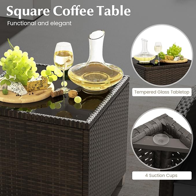 COSTWAY 5-Piece Rattan Conversation Set, Outdoor Wicker Sofa, Tempered Glass Coffee Table & Ottomans for Small Space, Boho Chic Indoor/Outdoor Furniture Set for Poolside, Backyard, Deck (Black)