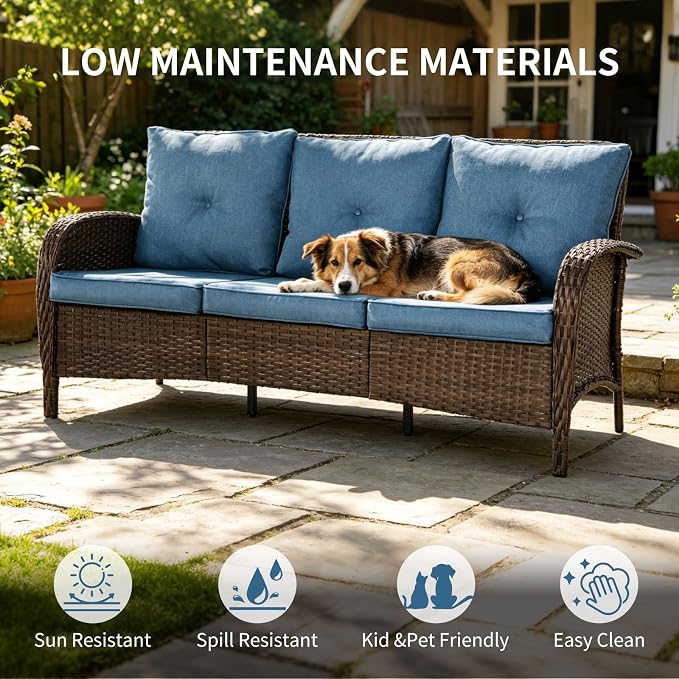 SHGJ&SOFT All Weather Patio Furniture Set, High Back Swivel Rocker Glider Chairs，Ottomans & Glass Tables, Outdoor Conversation Set for Deck Porch Yard Poolside (Blue, 4PCS-Chairs&Ottomans)