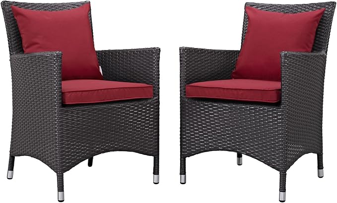 Modway Convene Wicker Rattan Outdoor Patio Dining Armchairs With Cushions in Espresso Red - Set of 2