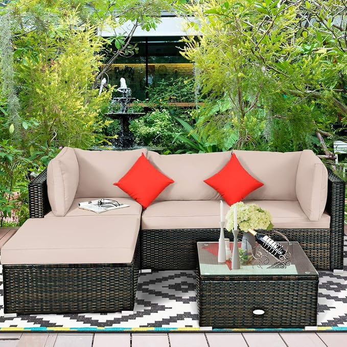 HAPPYGRILL 5 Pieces Patio Conversation Set, Outdoor Rattan Wicker Furniture Set, Sectional Sofa Ottoman Set with Coffee Table, Cushion, Pillow for Garden Lawn Balcony Backyard