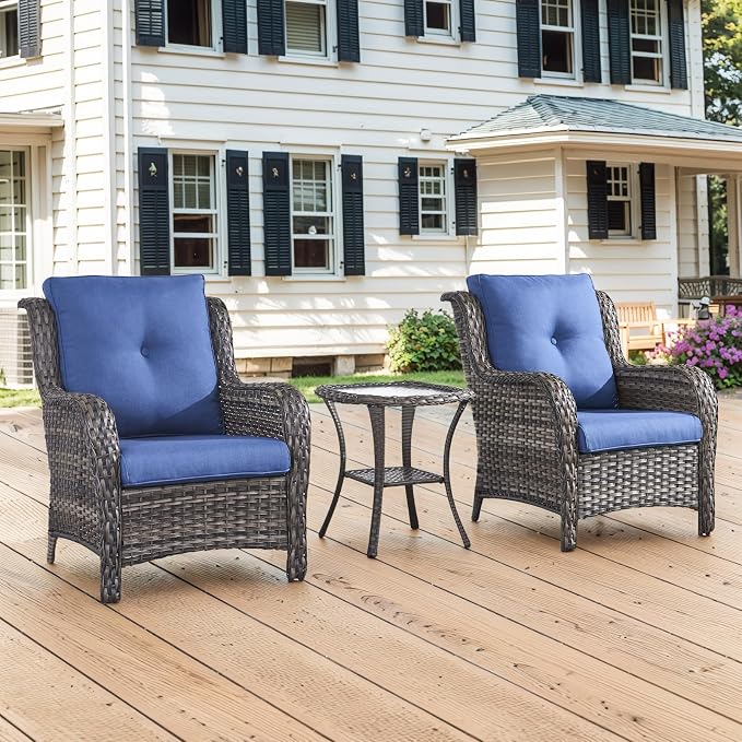 Belord High Back Patio Chairs Set of 2 - Gray Wicker Outdoor Seating, 4" Wide Armrests Rattan Outdoor Club Chairs with Blue Removable Cushion for Deck Porch Backyard