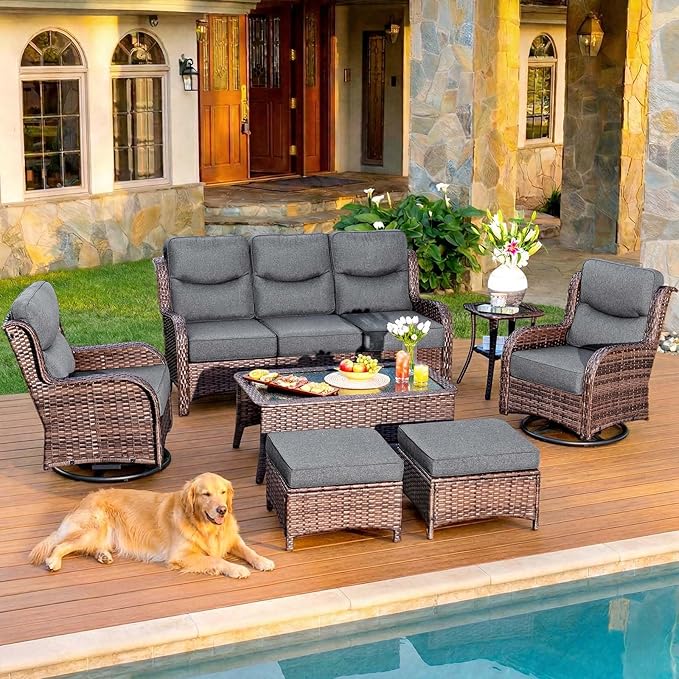 HILLGA 7-Piece Luxury Patio Furniture Set with 6" Thick Cushions, Weather-Resistant Wicker High Back Swivel Rocker Chairs, Senior-Friendly Outdoor Sofa Set for Large Deck, Yard and Poolside, Gray(V2)