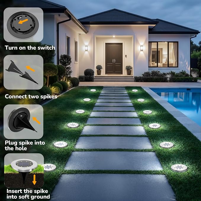 INCX 12 Pack 4.6 Inch Solar Ground Lights Outdoor, Waterproof, Cold White | 8 LEDs, 600mAh Ni-MH battery, 8-10 hr runtime, stainless steel and ABS body, garden lights for pathways, lawns and driveways